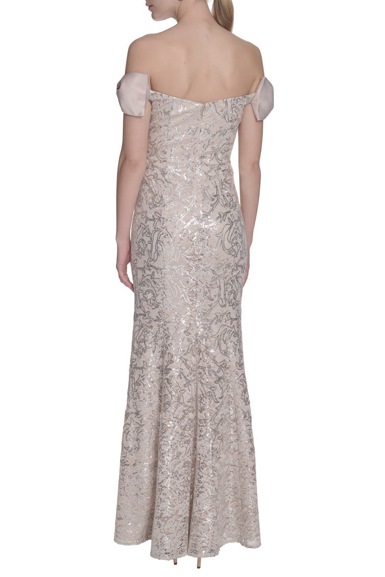 Bow Sequin Off the Shoulder Mermaid Gown, Alternate, color, CHAMPAGNE
