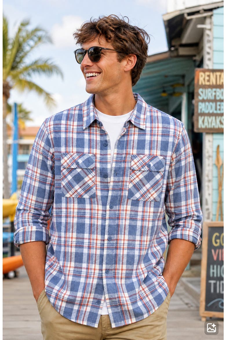 Plaid Flannel Button-Up Shirt, Alternate, color, BLUE ECRU