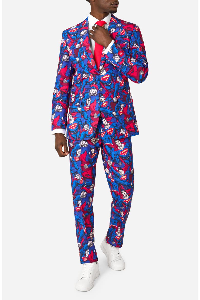 x Superman The Man of Steel Slim Fit Two-Piece Suit & Tie Set, Main, color, BLUE MULTI