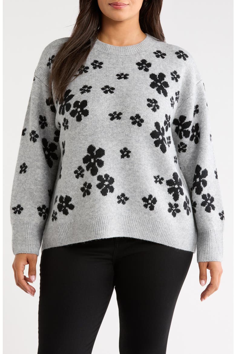 Flower Long Sleeve Crewneck Sweater, Main, color, LIGHT HEATHER GREY