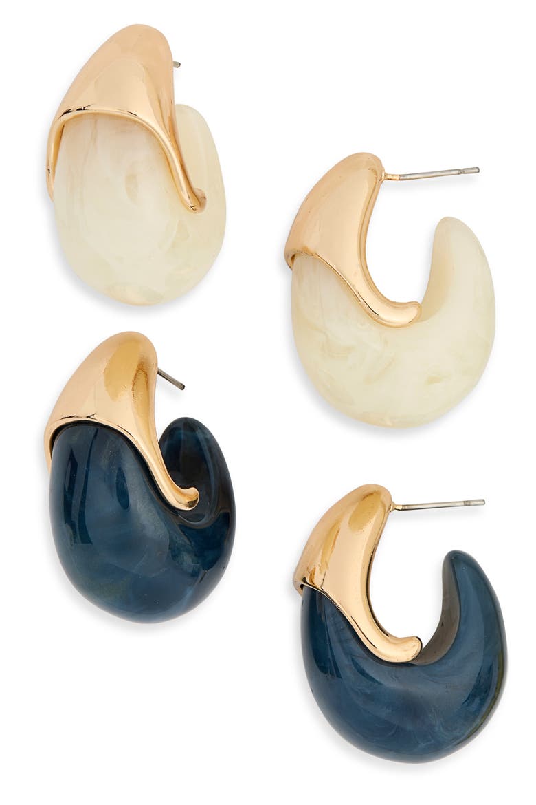 Set of 2 Chunky Resin Hoop Earrings, Main, color, WHITE-BLUE