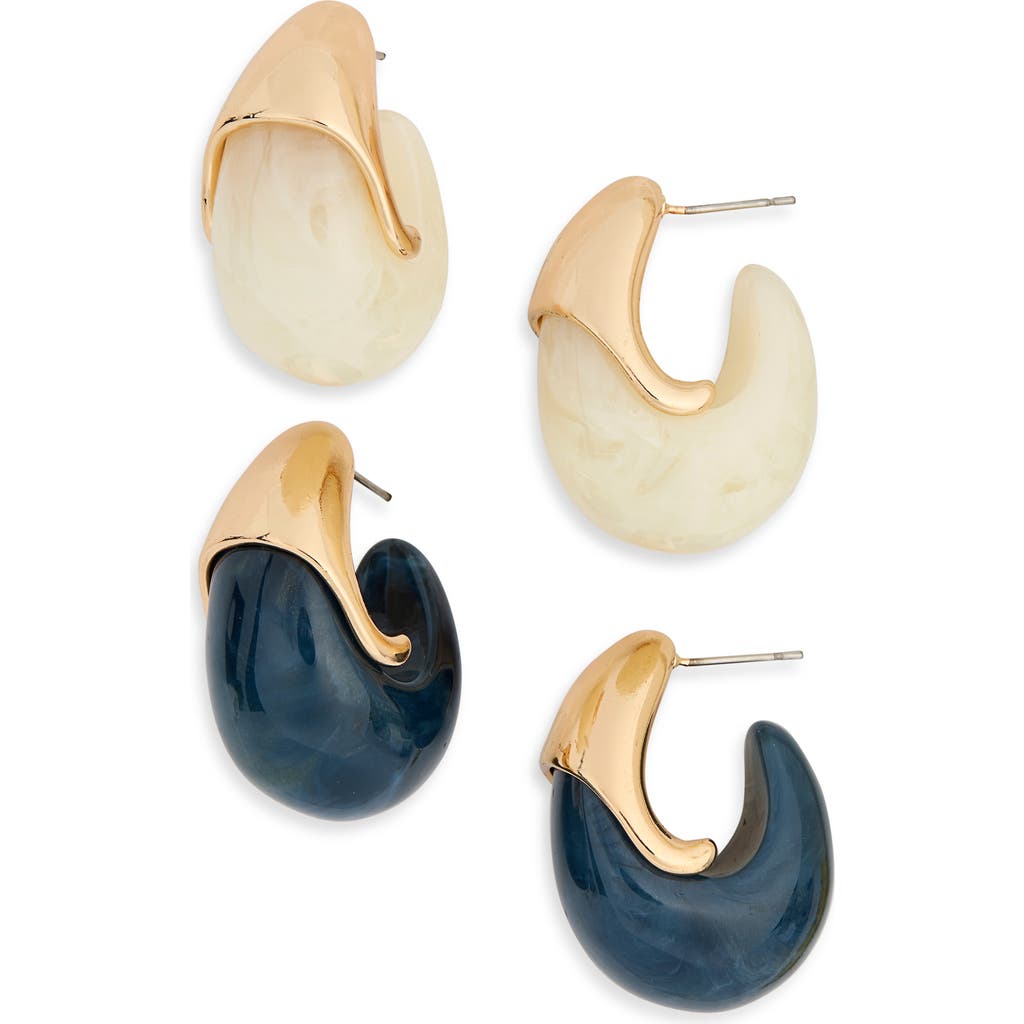 Tasha Set Of 2 Chunky Resin Hoop Earrings In White-blue
