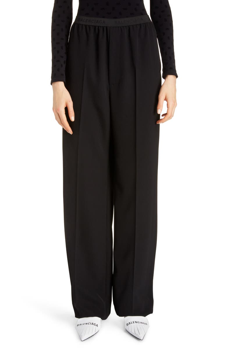 Balenciaga Logo Waist Tech Twill Wide Leg Pants, Main, color, 