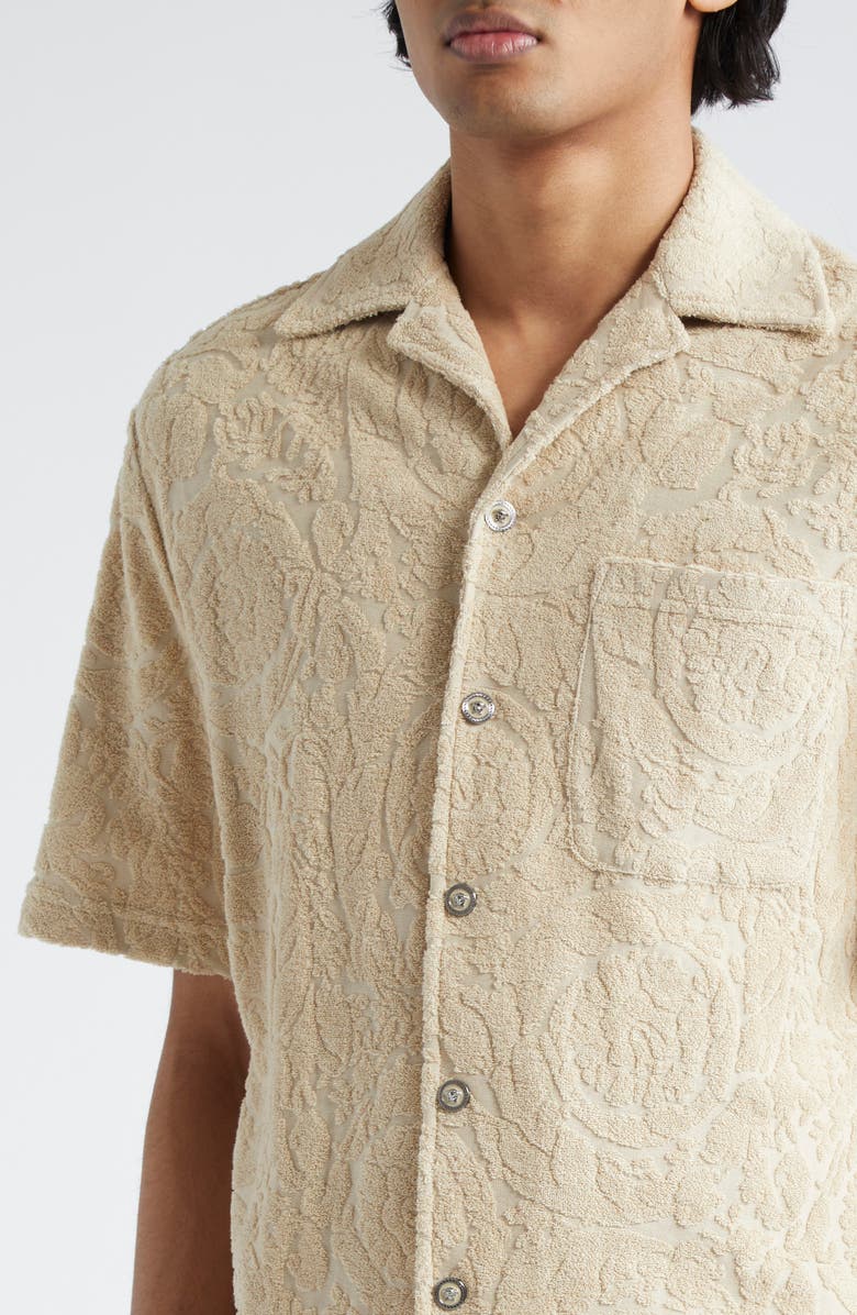 Versace Barocco Towel Cotton Terry Camp Shirt, Alternate, color, Light Sand