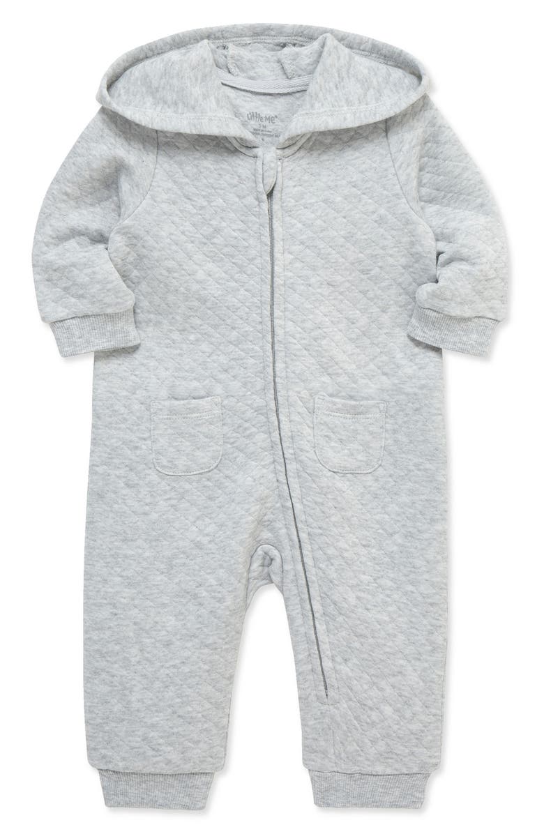 Little Me Quilted Hooded Romper, Alternate, color, Heather Gray