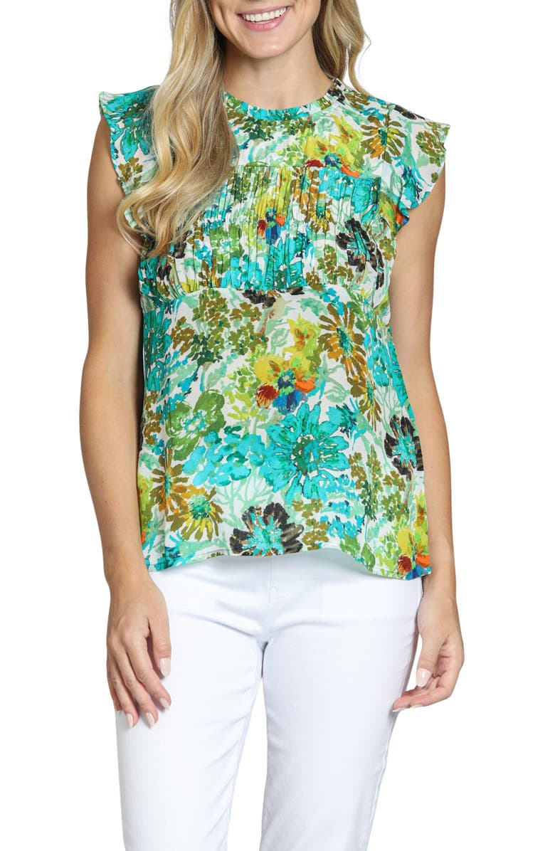 APNY Floral Print Flutter Sleeve Top, Main, color, Green Multi
