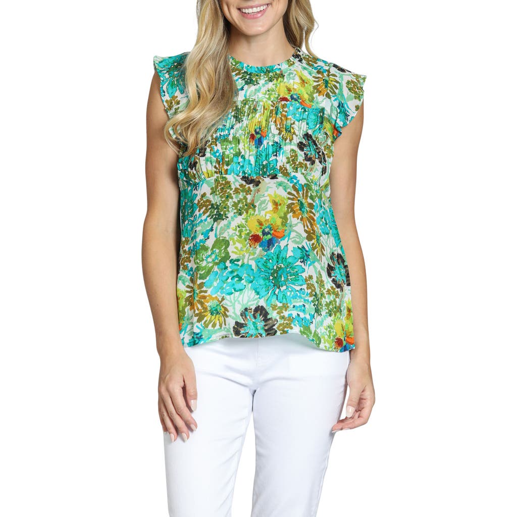 Apny Floral Print Flutter Sleeve Top In Green Multi