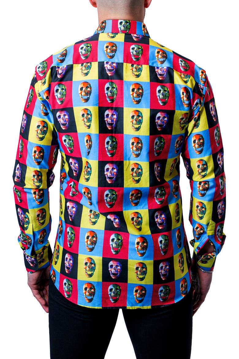 Fibonacci Worhol Skull Multi Button-Up Shirt, Alternate, color, BLUE MULTI