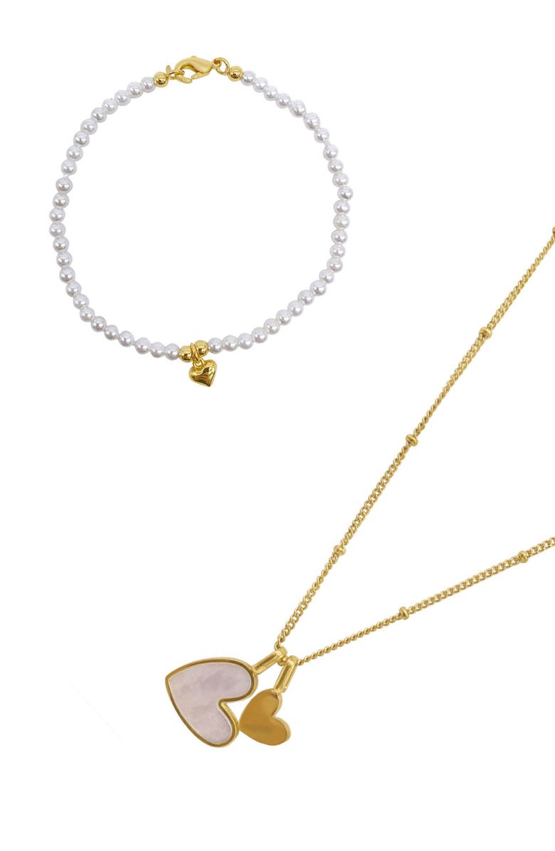 Adornia Heart Pendant Necklace & Pearl Bracelet Set, Main, color, Gold