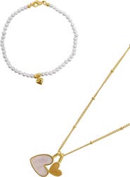 Adornia Heart Pendant Necklace & Pearl Bracelet Set