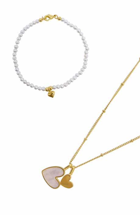Adornia Heart Pendant Necklace & Pearl Bracelet Set