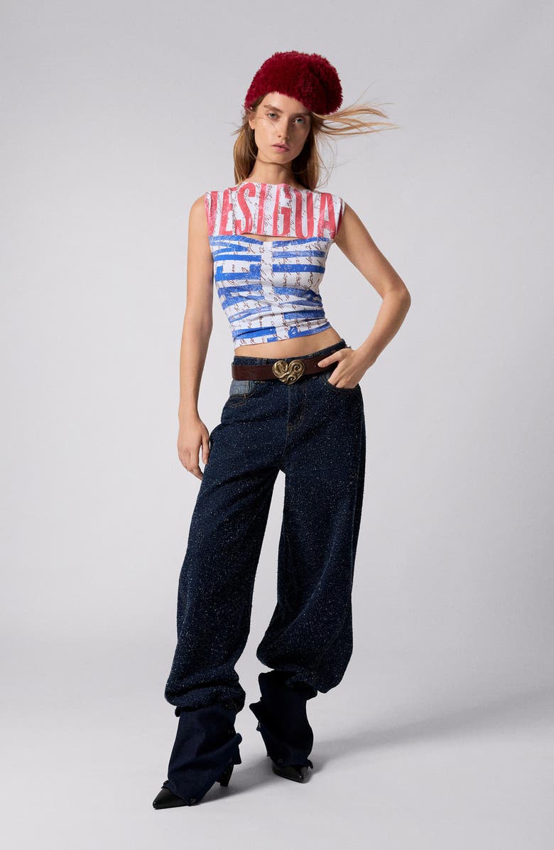 Desigual Sleeveless Cutout Cotton Graphic Tank Top, Alternate, color, White Multi