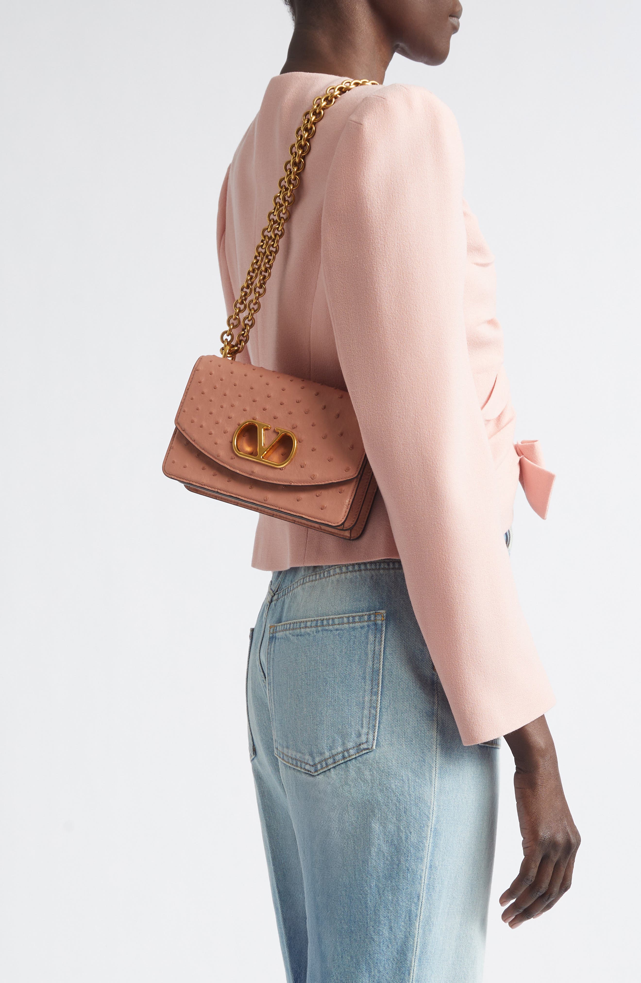 Valentino Garavani Small DeVain Ostrich Leather Shoulder Bag, Alternate, color, Pink