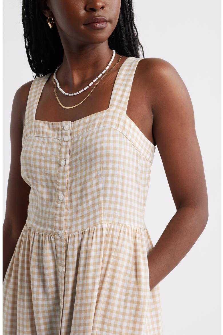 Checkered Button Front Midi Dress, Alternate, color, TAN SHORE- WHITE GINGHAM