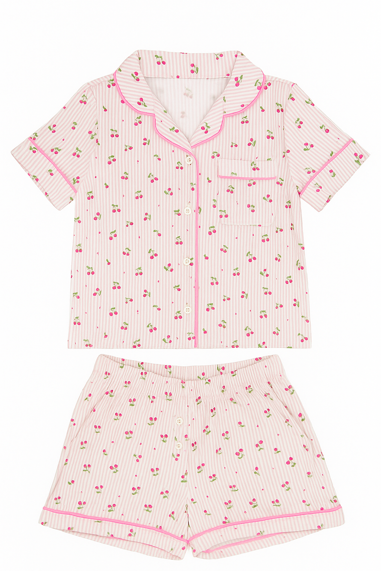 Cherry Stripes Short Sleeve Jersey PJ, Alternate, color, Pink Multi
