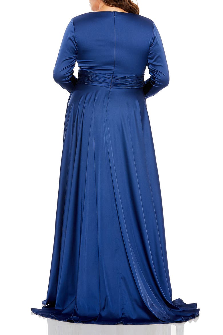 Quarter Sleeve Satin V Neck A Line Gown, Alternate, color, MIDNIGHT