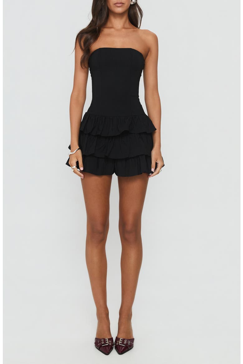 Valentia Tiered Ruffle Strapless Minidress, Main, color, BLACK