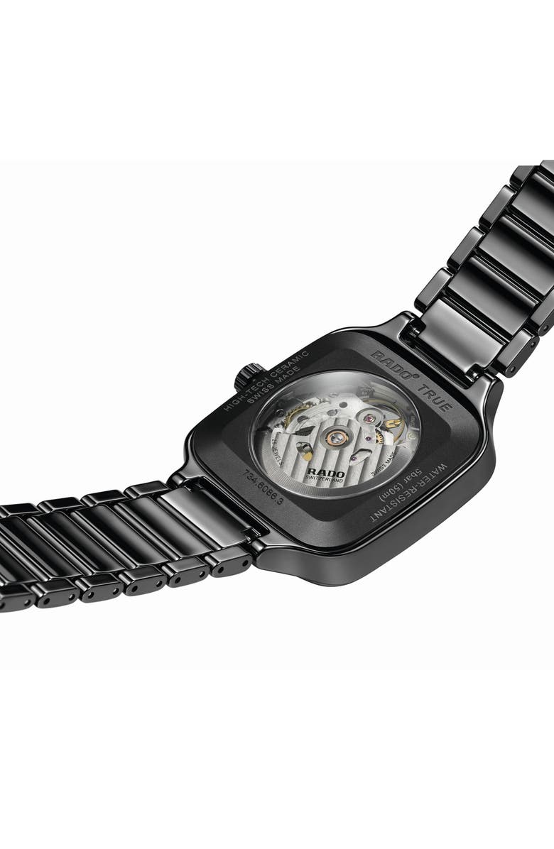 RADO True Square Automatic Open Heart Ceramic Bracelet Watch, 38mm, Alternate, color, Black Multi