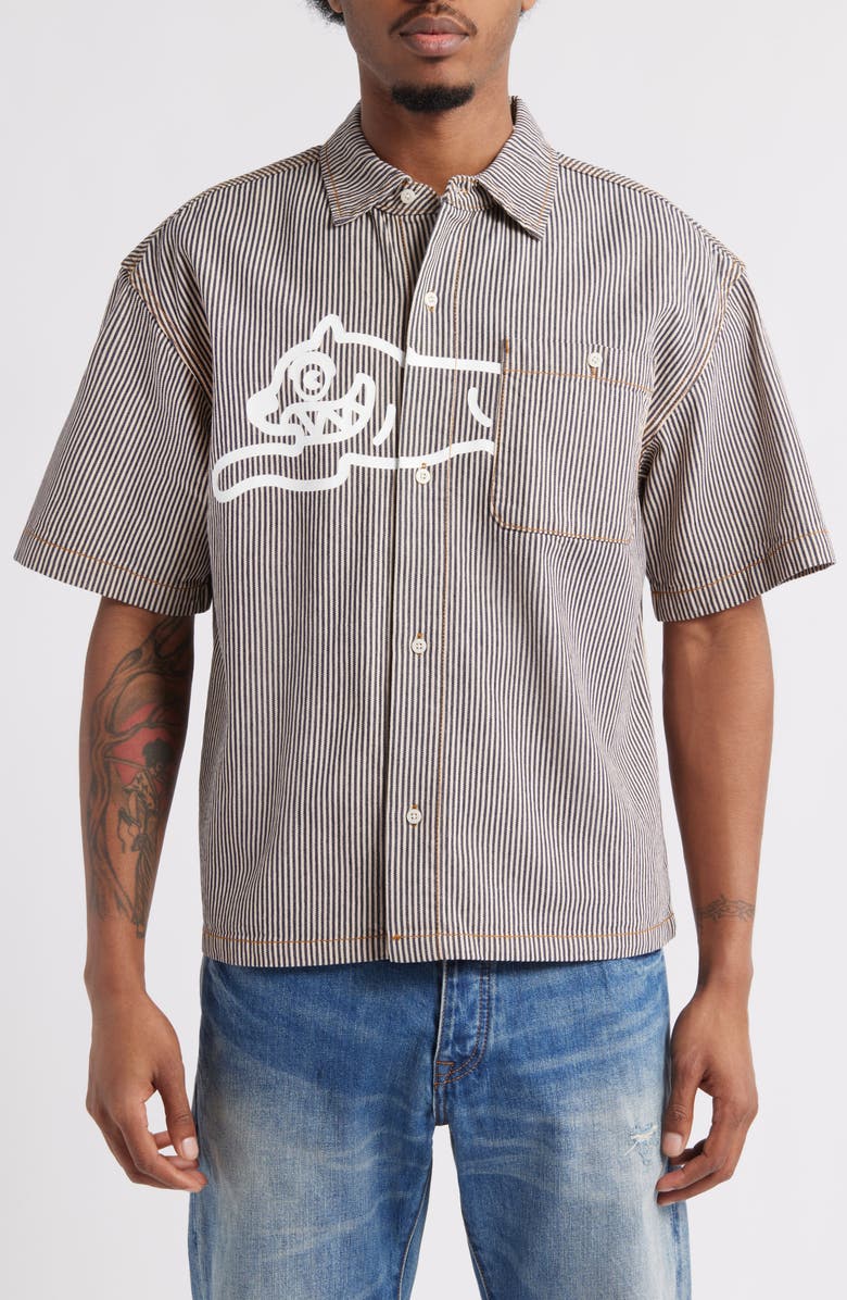 ICECREAM Running Dog Short Sleeve Denim Graphic Button-Up Shirt, Alternate, color, Hickory Stripe
