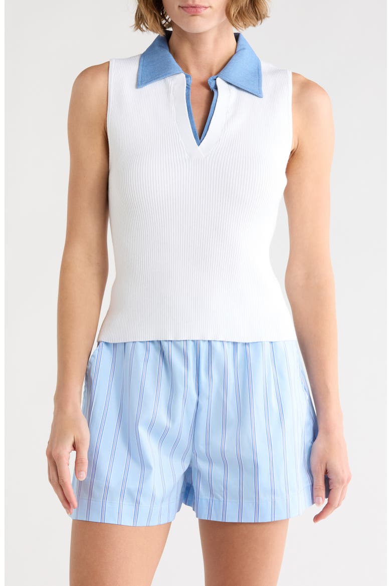 Sleeveless Contrast Collar Polo, Main, color, WHITE W/ DENIM PLACKET A/ S