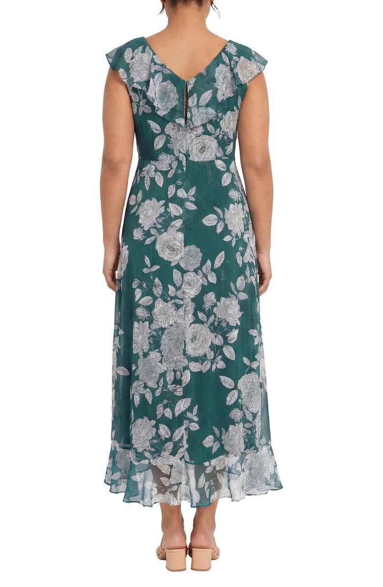 London Times Floral Ruffle Cap Sleeve Faux Wrap Maxi Dress, Alternate, color, A Teal/ White