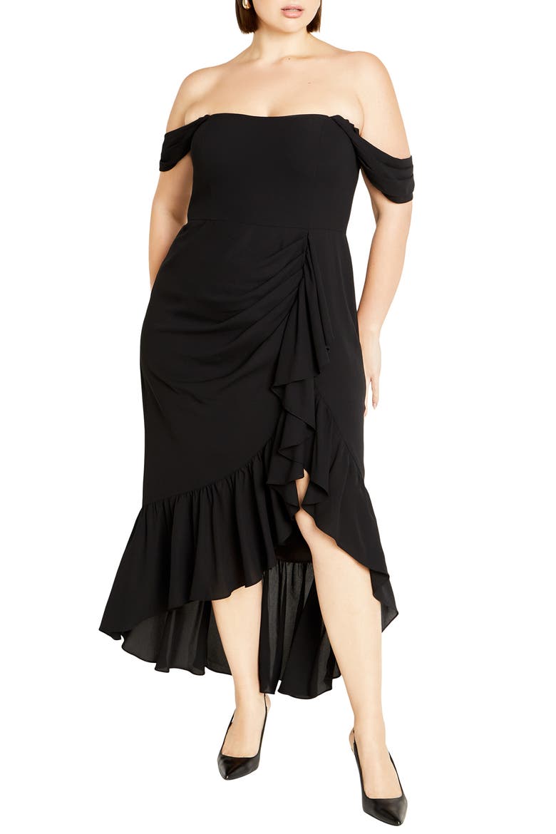 Ruffle Off the Shoulder High/Low Maxi Dress, Main, color, BLACK
