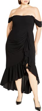 City Chic Ruffle Off the Shoulder High/Low Maxi Dress