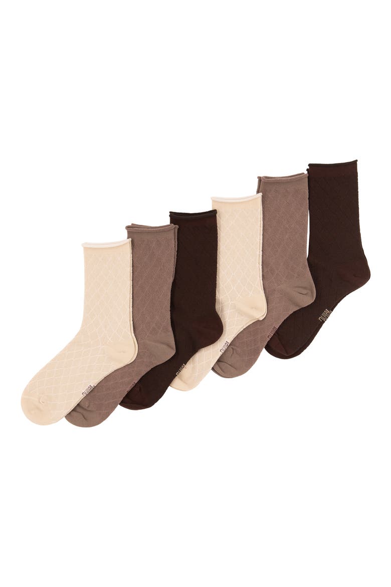 Assorted 6-Pack Textured Mesh Roll Top Crew Socks, Main, color, JAVA/ TAUPE/ SHELL