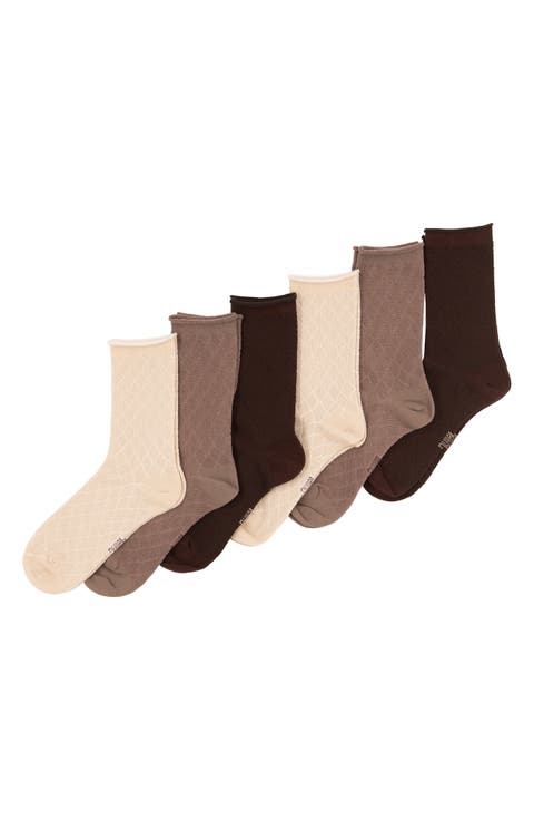 Assorted 6-Pack Textured Mesh Roll Top Crew Socks