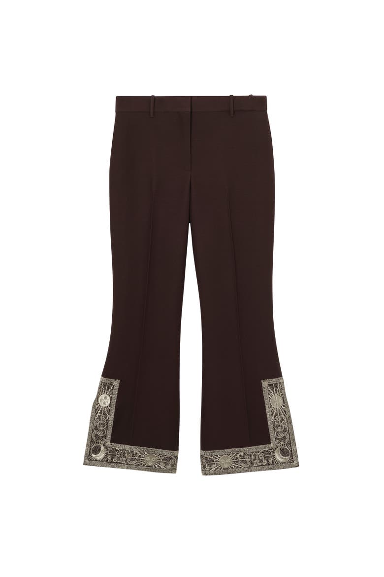 Cropped Embroidered Wool Silk Flared Trousers, Alternate, color, Charred brown