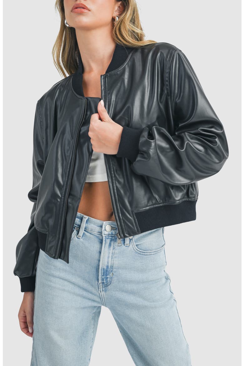 Faux Leather Bomber Jacket, Alternate, color, BLACK