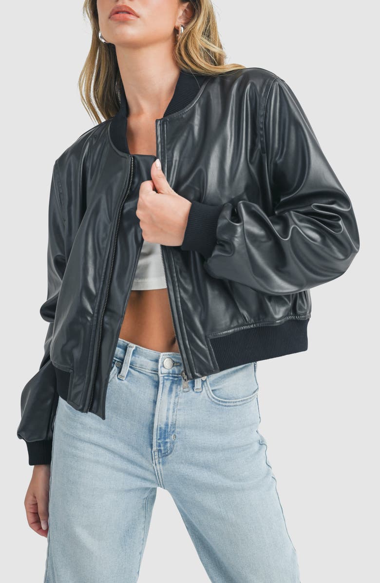 All in Favor Faux Leather Bomber Jacket, Alternate, color, Black