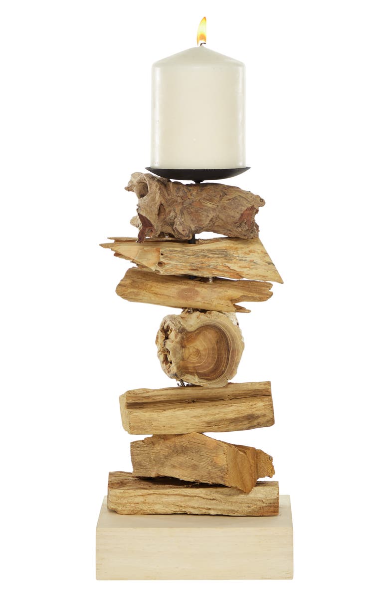 GINGER BIRCH STUDIO Large Recycled Natural Brown Tree Root Wooden Pillar Candle Holder with Spike, Main, color, 