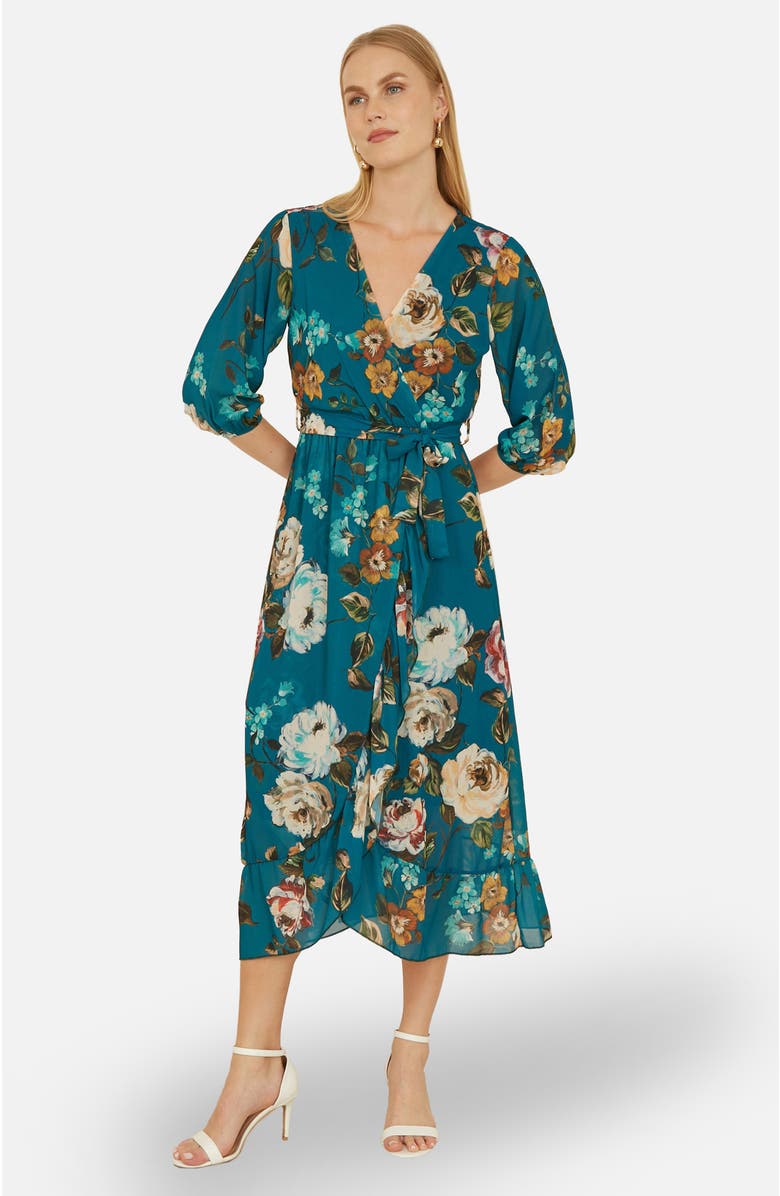 Yumi Watercolour Dip Hem Midi Wrap Dress, Alternate, color, Teal