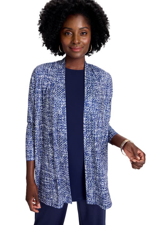 Jessica London Stretch Knit Open Front Knit Topper In Blue