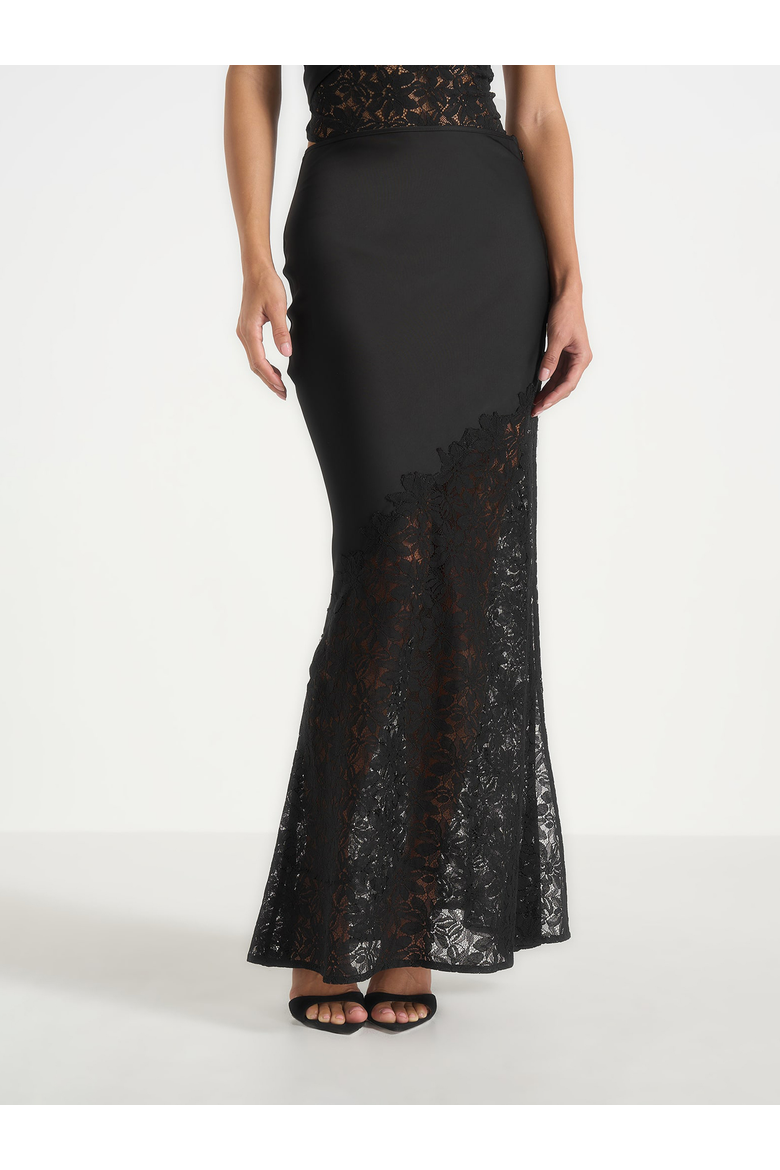 Belle Satin Lace Maxi Skirt, Main, color, Black