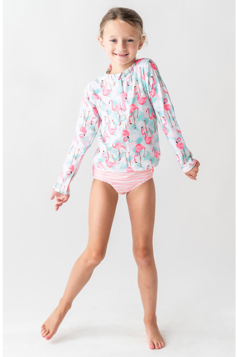 Kids' Vibrant Flamingo Long Sleeve Two-Piece Rashguard Swimsuit, Alternate, color, BLUE
