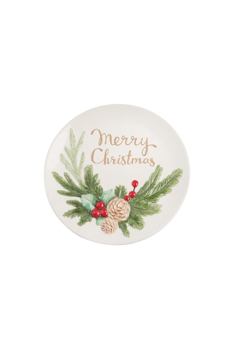 "Merry Christmas" Holly Branch & Pinecones Round Dolomite Decorative Platter 13", Main, color, White