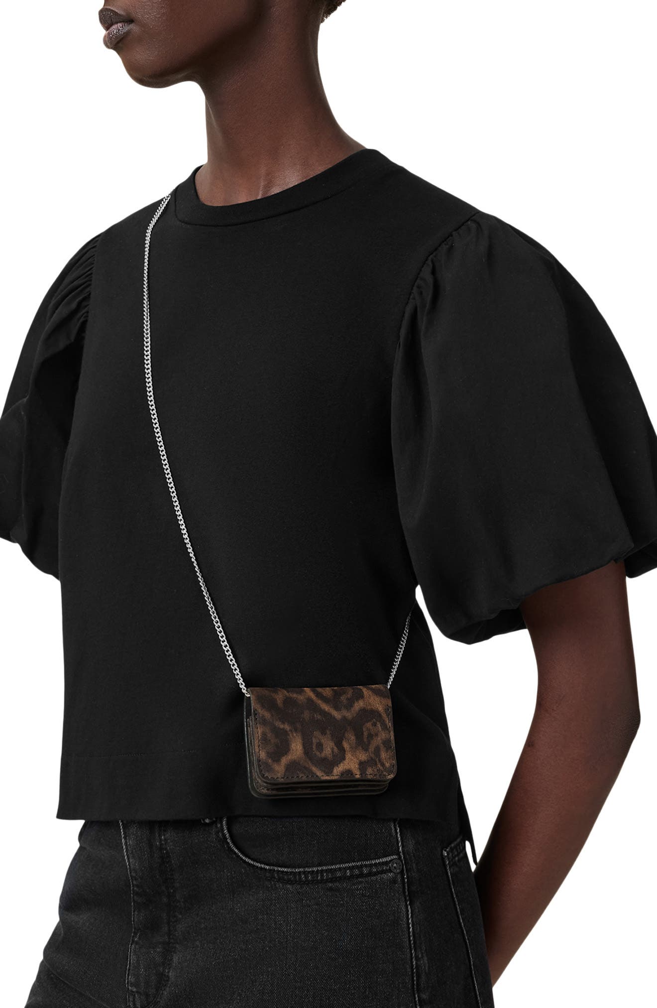 AllSaints Honore Leopard Suede Cardholder, Alternate, color, Leopard Brown