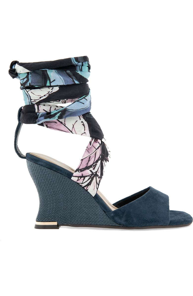 Kenneth Cole Fabia Ankle Wrap Wedge Sandal, Alternate, color, Navy Suede