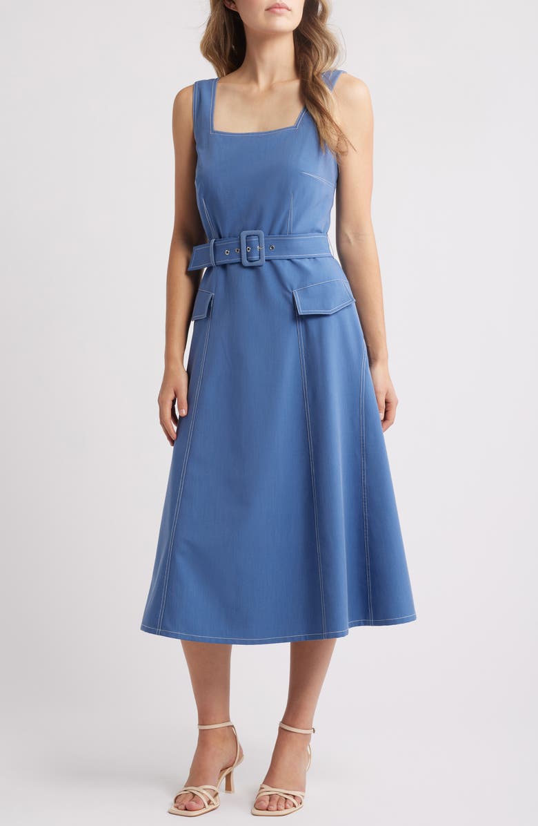 Tahari Sleeveless Belted Denim Midi Dress, Main, color, Indigo