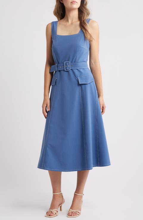 Sleeveless Belted Denim Midi Dress