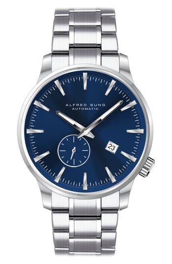 Alfred Sung Bracelet Strap Automatic Watch, 43mm In Silver Bracelet Blue Dial