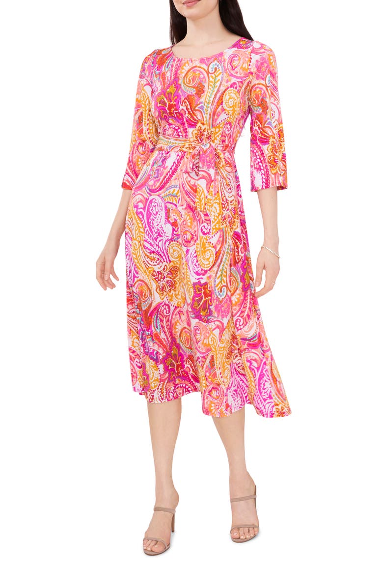 Paisley Tie Waist A-Line Dress, Main, color, WHITE/FUCHSIA/MUSTARD