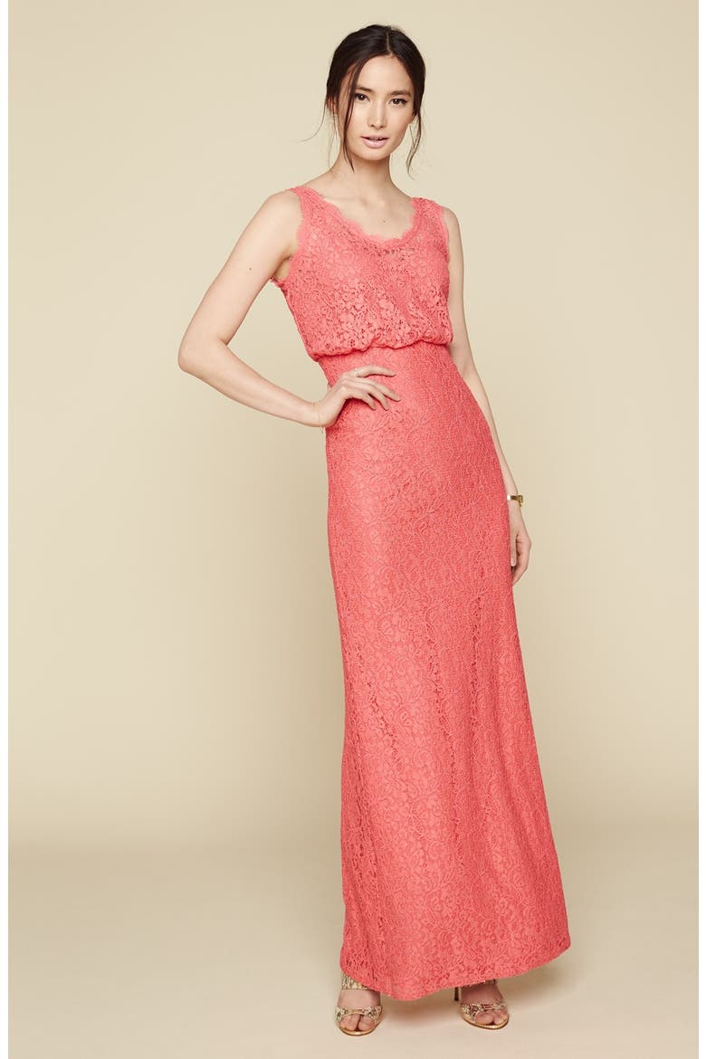 Floral Lace Blouson Column Gown, Alternate, color, FLAMINGO