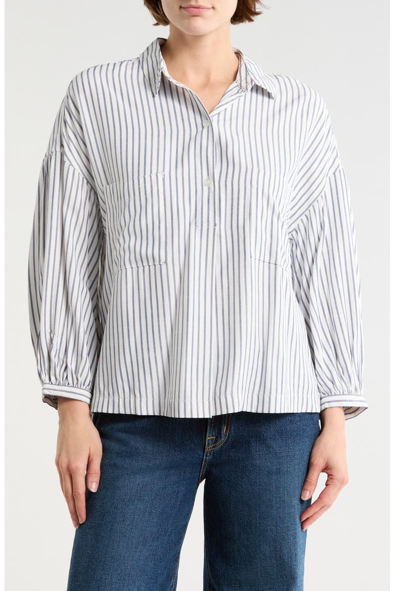 Stripe Half Button-Up Shirt, Main, color, OFF WHITE / INDIGO