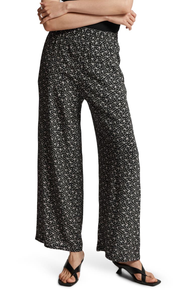 Floral Print Wide Leg Pants, Main, color, BLACK