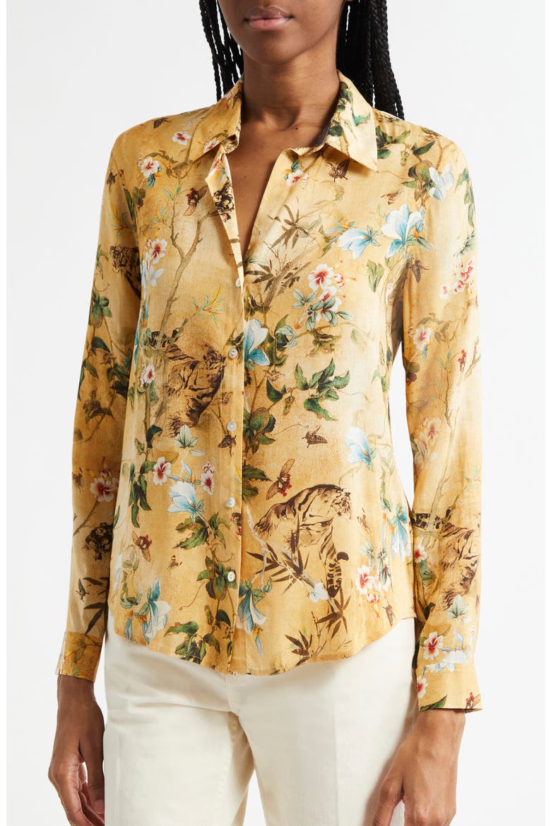 Holly Floral Button-Up Shirt, Alternate, color, GOLD MULTI WATERCOLOR TIGER