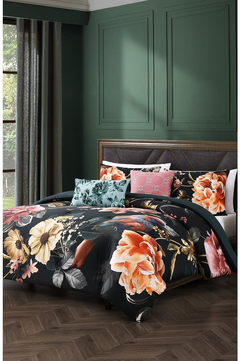 Botanical Birds Reversible Cotton Sateen Comforter Set, Alternate, color, BLACK