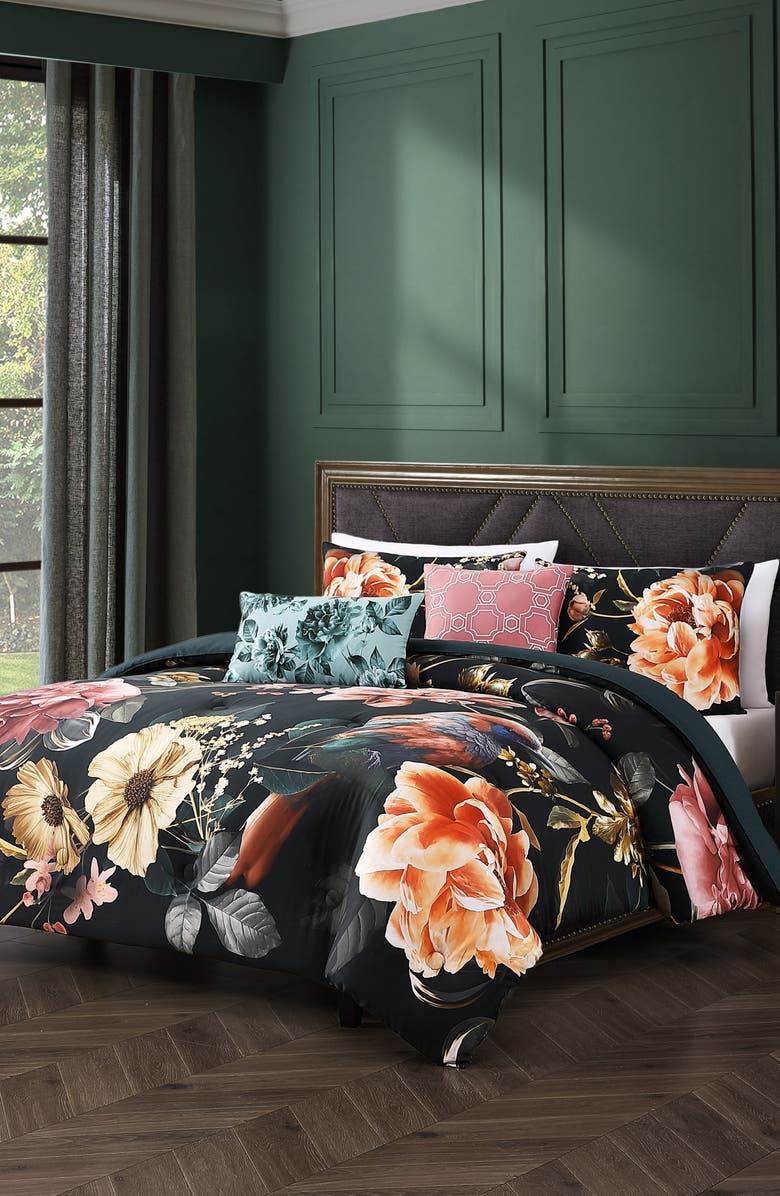 Bebejan Botanical Birds Reversible Cotton Sateen Comforter Set, Alternate, color, Black